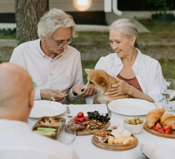 Couple de seniors apaisés aux côtés de leur chien de famille, symbolisant l'attachement profond et l'hommage funéraire sur-mesure