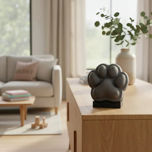 Décoration de deuil animalier discrète dans un salon, sculpture de patte en hommage à un compagnon