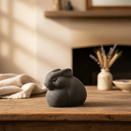 Décoration funéraire élégante avec la statue hommage lapin Douceur disposée sur un meuble de salon, souvenir discret et poétique.