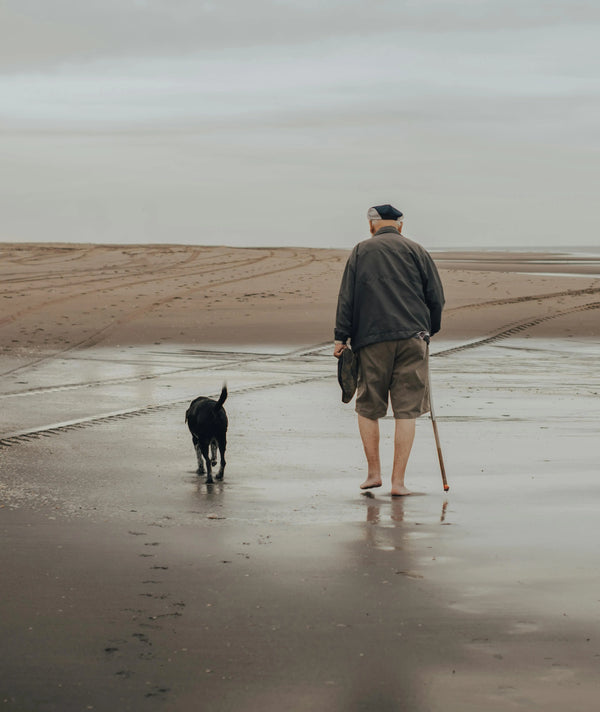 Homme senior aux côtés de son fidèle chien, représentant un lien indéfectible et le désir de conserver son souvenir auprès de soi.