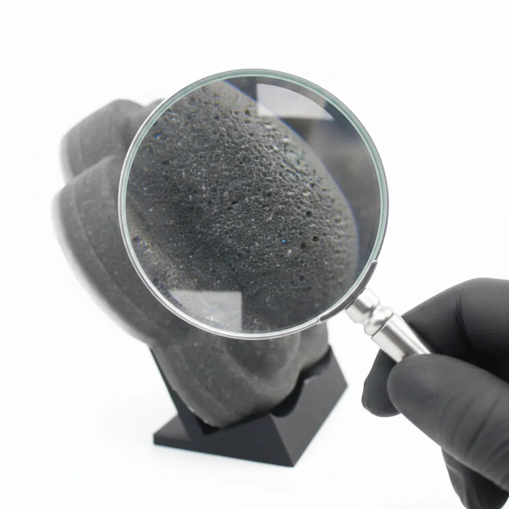 Gros plan d'une loupe inspectant minutieusement les finitions d'une statue funéraire gris anthracite pour un contrôle qualité parfait