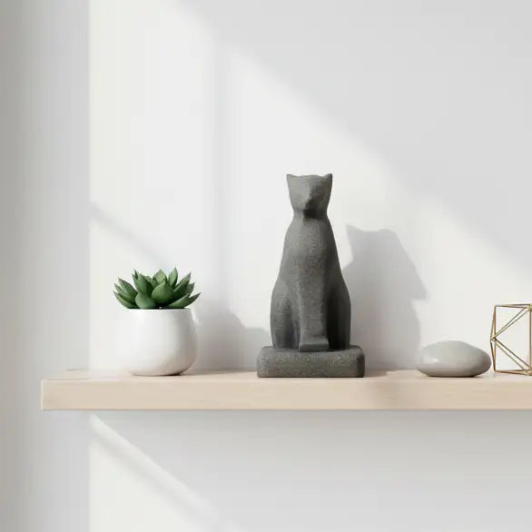 Œuvre d'art commémorative chat intégrée dans la décoration d'une étagère de bibliothèque contemporaine