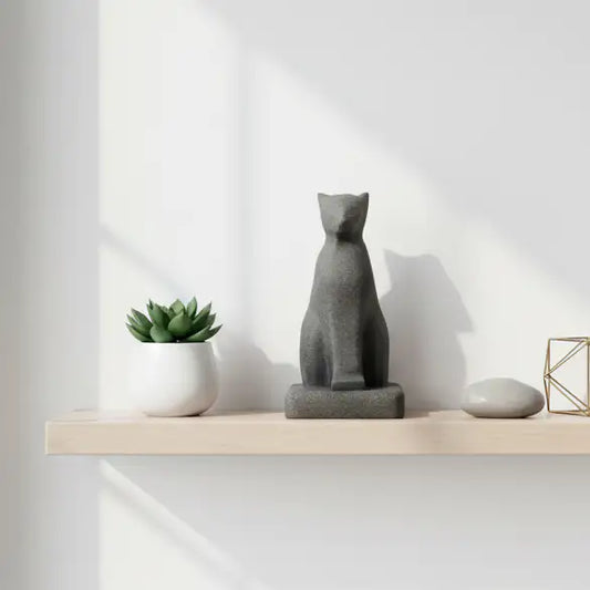 Œuvre d'art commémorative chat intégrée dans la décoration d'une étagère de bibliothèque contemporaine