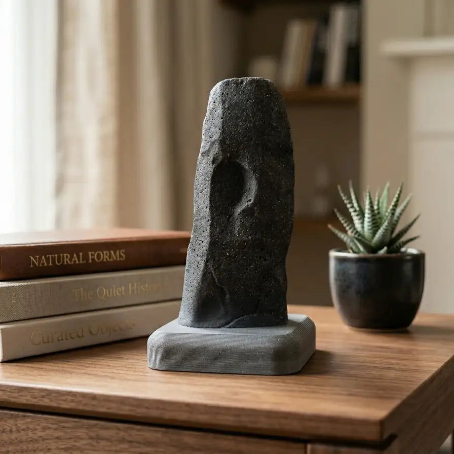 Minimalistische Statue Géant du Manio neben einer brennenden Kerze auf einem Wohnzimmermöbel