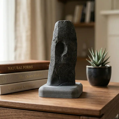 Minimalistische Statue Géant du Manio neben einer brennenden Kerze auf einem Wohnzimmermöbel