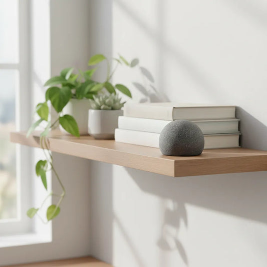 Sphère commémorative SELENE posée sur une étagère dans un salon moderne comme objet de décoration