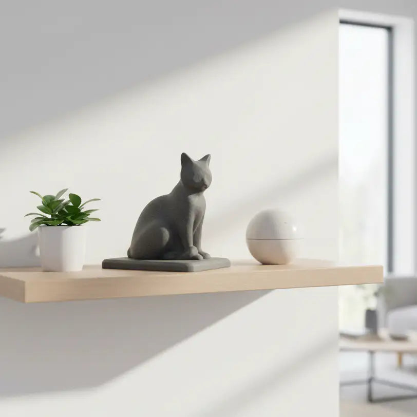 Statue cinéraire pour chat au design épuré dans une décoration intérieure