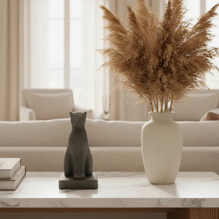 Hommage moderne pour chat avec la sculpture gris anthracite posée élégamment sur une console en bois de salon