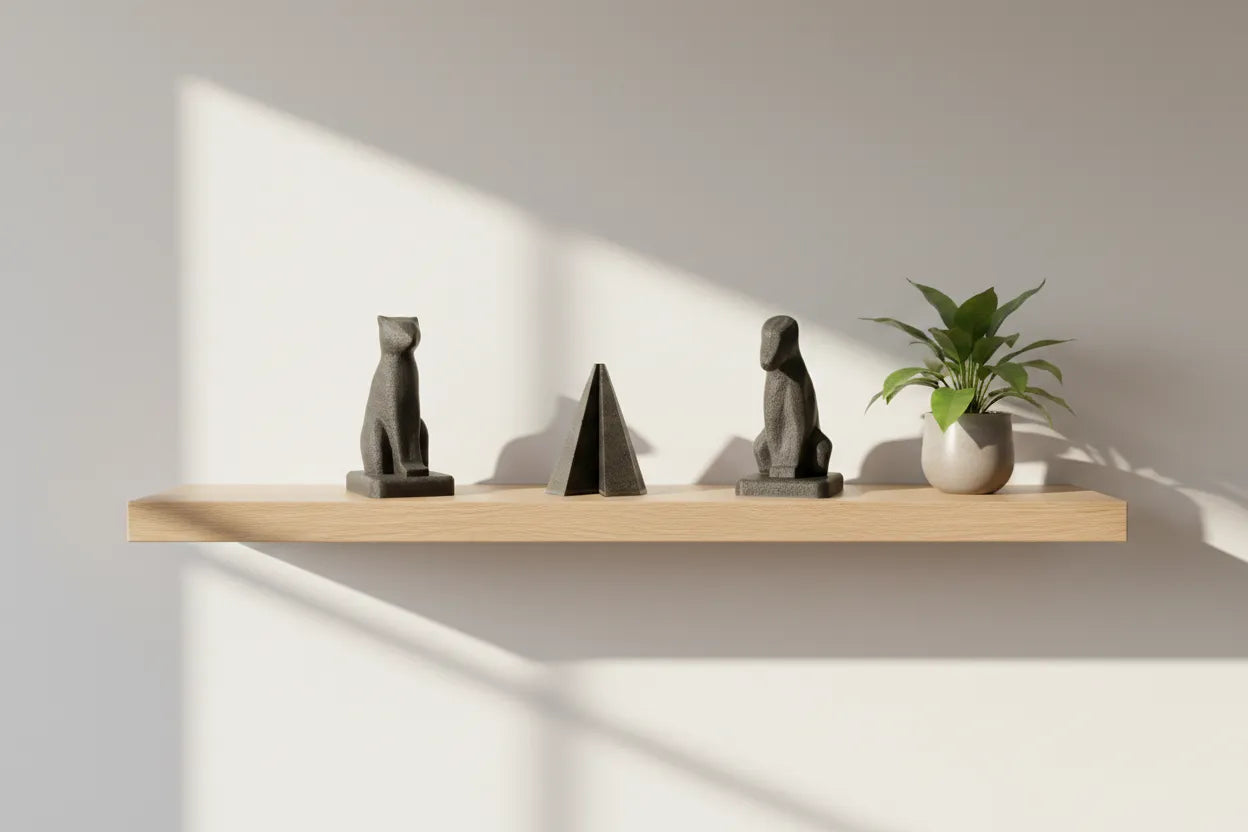 Trois statues funéraires pour animaux en cendres de couleur gris anthracite, élégamment disposées dans une décoration d'intérieur chaleureuse.
