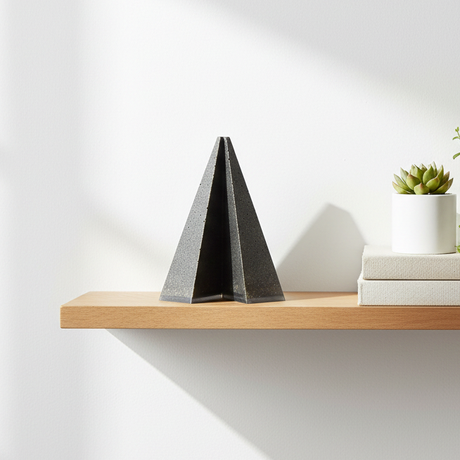 Urne cinéraire pyramidale PRISME pour animal de compagnie, posée sur une étagère à la décoration minimaliste et épurée